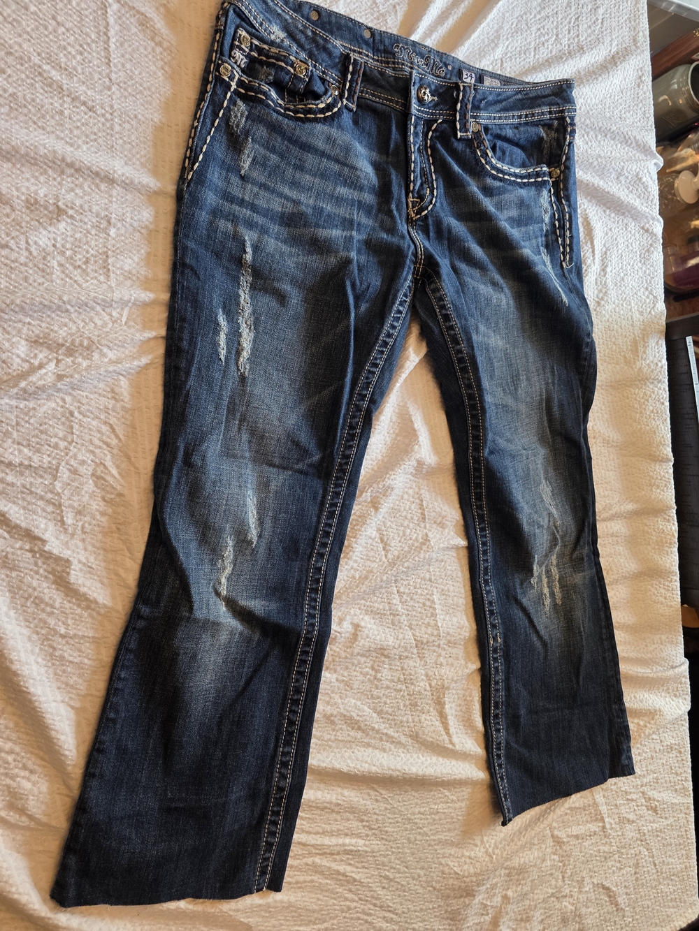 Dark Blue Women's Distressed Straight-Leg Bootcut Size 34
